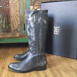 Frye Melissa Metallic Gray/Black Leather Low-Heeled Boots